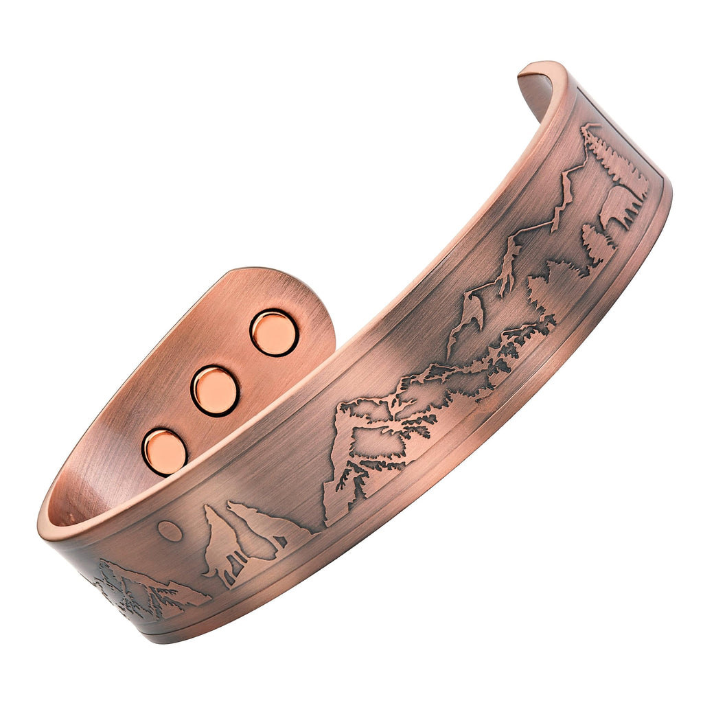 Willis Judd Mens Copper Bangle Wolf Bracelet Howling Wolves With Full Moon Wildlife Design