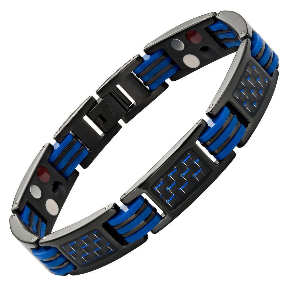 Mens Four Element Magnetic Blue Carbon Fiber Black Titanium Bracelet